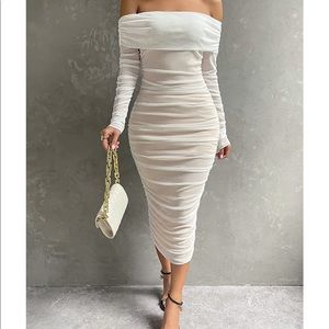 -NWOT-Pofash Women's Off Shoulder Sleeveless Mesh Ruched Midi Bodycon Dress